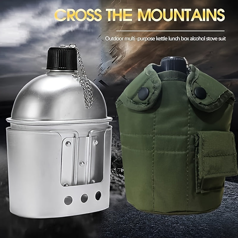 Aluminum Water Canteen Cup Stove Pouch Set Portable Military Canteen with Cup for Outdoor Camping Survival Nature Experience Hiking Backpacking