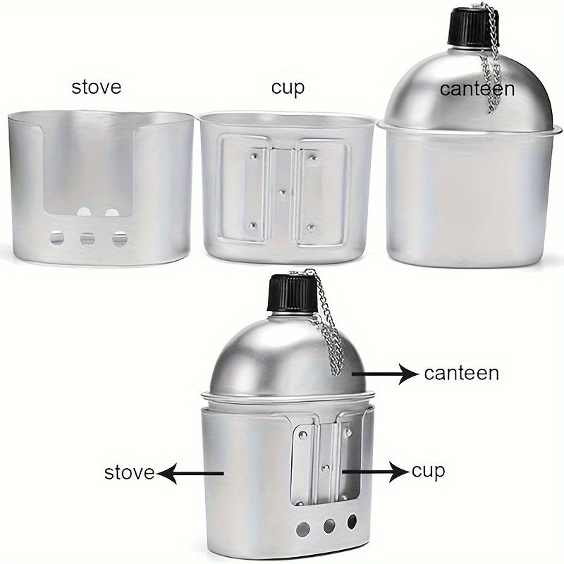 Aluminum Water Canteen Cup Stove Pouch Set Portable Military Canteen with Cup for Outdoor Camping Survival Nature Experience Hiking Backpacking